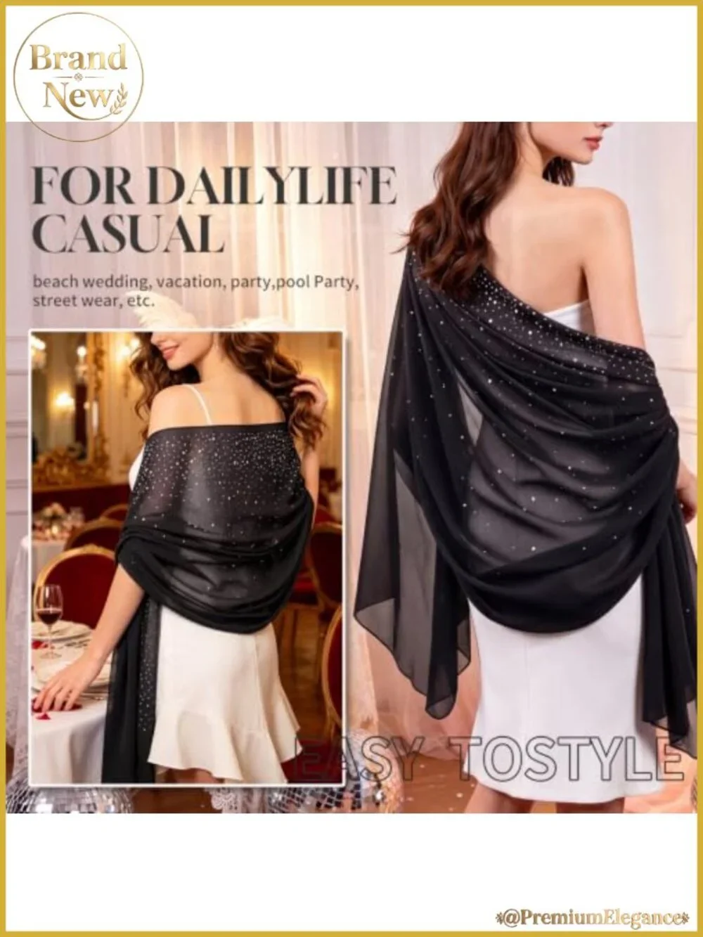 Rhinestone Chiffon Shawl Wrap Lightweight Sparkly Evening Cover Up
